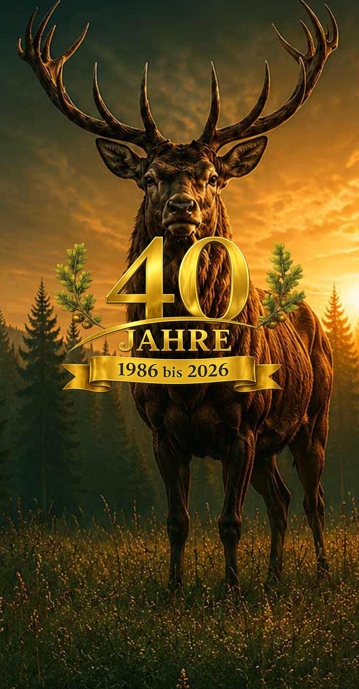 Rothirsch im Abendlicht vor Nadelwald, Jubiläumsemblem 40 Jahre VJN 1986 bis 2026