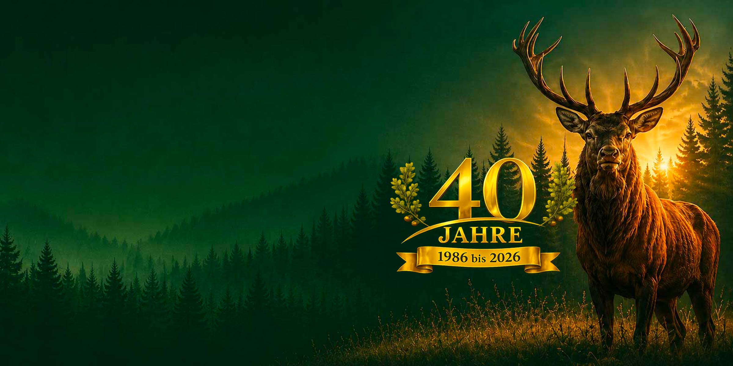 Rothirsch vor Nadelwald, Jubiläumsemblem 40 Jahre VJN 1986 bis 2026